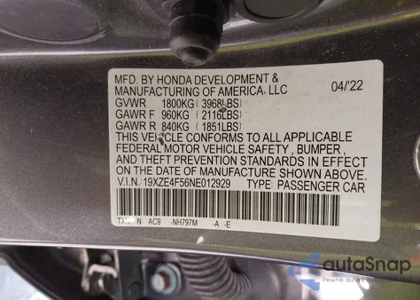 2022 Honda Insight Ex from USA, damaged, VIN 19XZE4F56NE012929